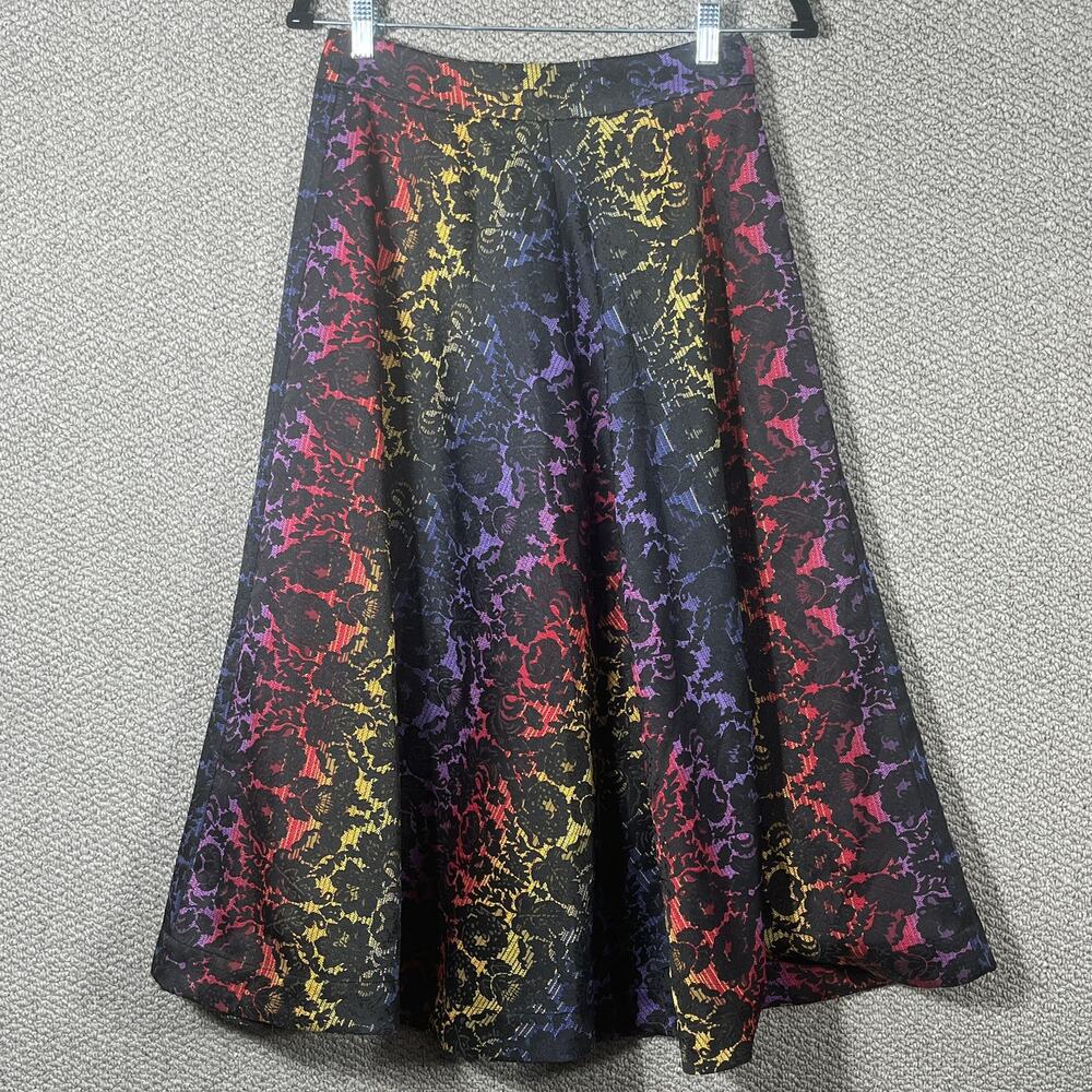 Catherine Catherine Malandrino Skirt Womens Size 4 Black Floral‎ A-Line Midi